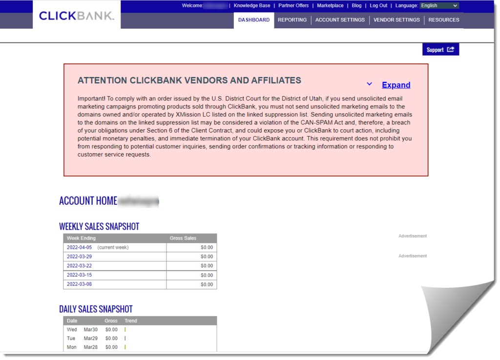 clickbank welcome-dashboard